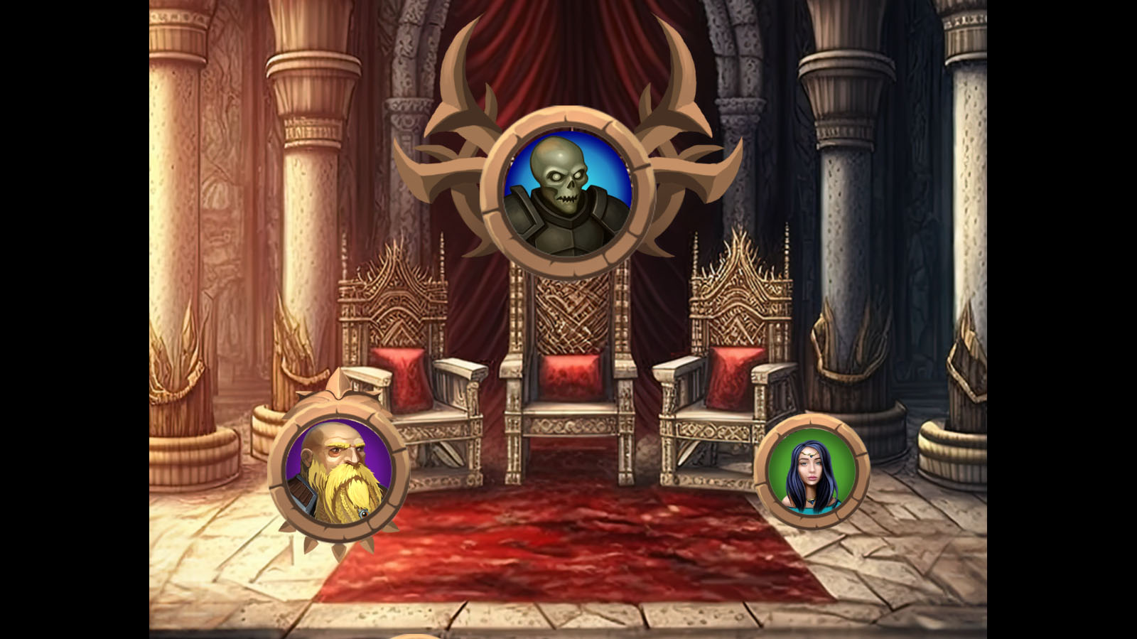 Gameplay screenshot displaying a throne room with hero images of the top three players on the leaderboard.